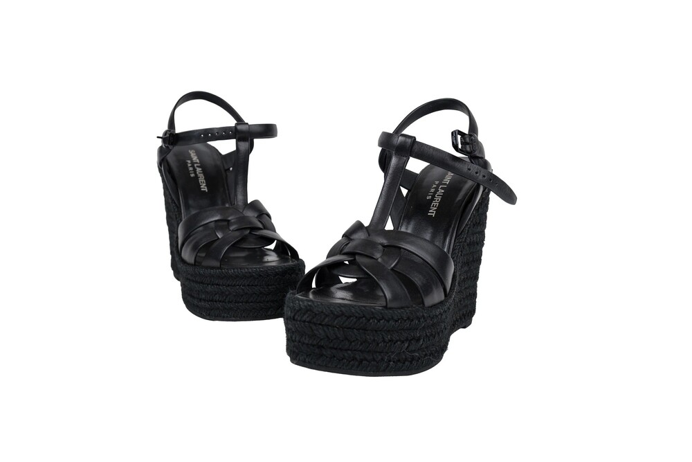 Saint Laurent Black Leather Wedge Espadrille Size 36